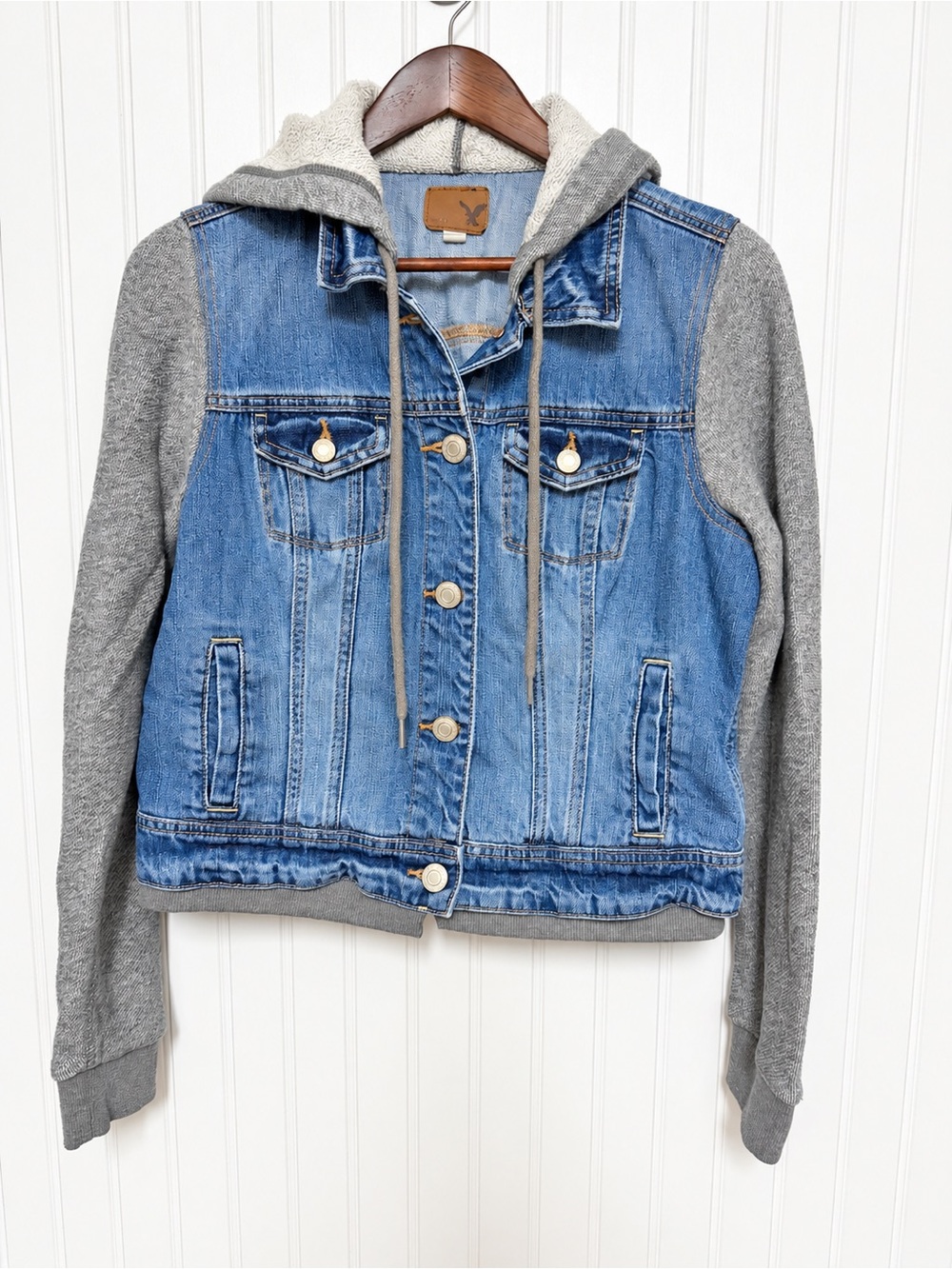 American Eagle Women's All-American Denim Jacket Size L Y2K Fall Football Hooded